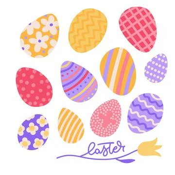 Cute hand drawn Easter eggs set. Flat hand drawn Shell decorated with different 스톡 일러스트