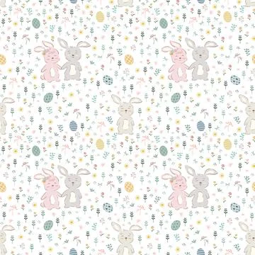 Cute hand drawn Easter seamless pattern with bunnies,flowers and easter egg.. Stock Illustration