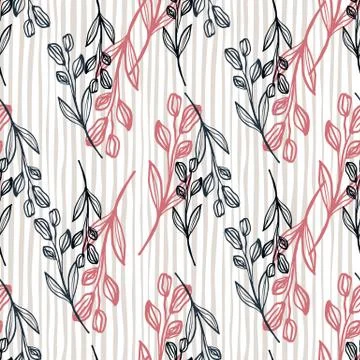Cute hand drawn floral pattern with pink and black colours. Lined background. イラスト素材