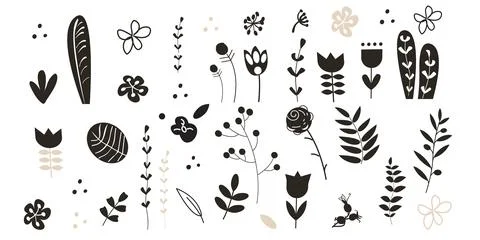 Cute hand drawn forest leaf, branch, flowers. Traditional ink leaves in doodle Stock Illustration