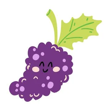 Cute hand drawn grape smiling. Kawaii funny fruit character for kids Stock Illustration