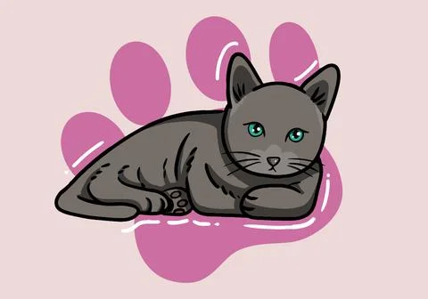 Cute hand drawn grey cat, fluffy fur, and exaggerated features. Cute adorable Illustration