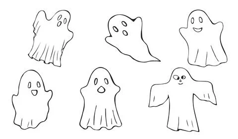 Cute Hand Drawn Halloween Ghost Characters Set with Different Faces and Pos.. Ilustración de archivo