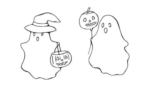 Cute Hand Drawn Halloween Ghosts in Witch Hat with Jack O Lantern Pumpkin B.. Stock Illustration