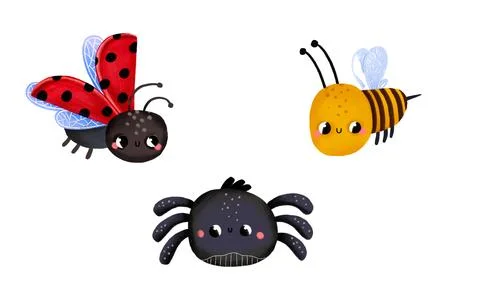 Cute hand-drawn illustration of a ladybug, bumblebee, and friendly spider. .. Stock Illustration