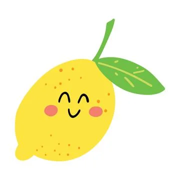 Cute hand drawn lemon  smiling. Kawaii funny fruit character for kids Stock Illustration