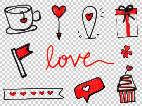 Cute Hand-Drawn LOVE Graphics and Symbols on White Background, Valentine day Art Stock Illustration