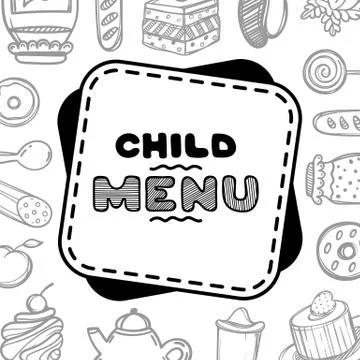 Cute hand drawn menu for cafe on food background. Linear illustration. Stock Illustration