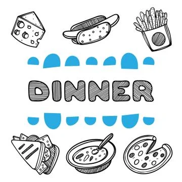 Cute hand drawn menu for cafe on food background. Linear illustration. 스톡 일러스트