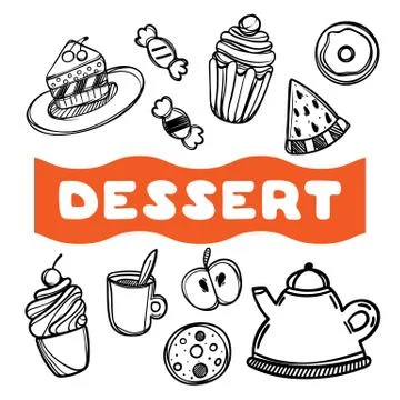 Cute hand drawn menu for cafe on food background. Linear illustration. Stock Illustration