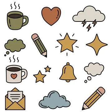 Cute hand drawn minimal colored everyday object doodle icon set. Stock Illustration