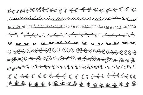 Cute Hand Drawn Nature Leaf Border Set. Abstract seamless lines, decorative.. 스톡 일러스트