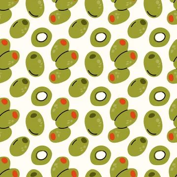 Cute Hand Drawn Olive Seamless Pattern with Stuffed Olives and Slices Stock Illustration