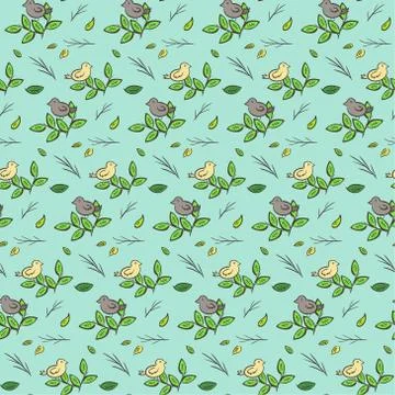 Cute hand drawn pattern with birds on branches Illustrazione stock