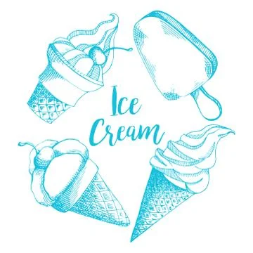 Cute hand drawn pattern with different types of ice cream. Stock Illustration