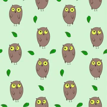 Cute hand drawn pattern with owls and leaves Stock Illustration