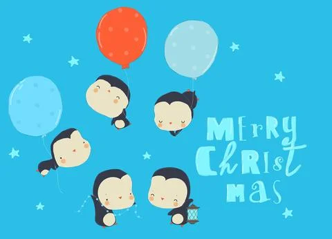 Cute Hand Drawn Penguins flying with Color Balloons, Merry Christmas greetings Stock Illustration