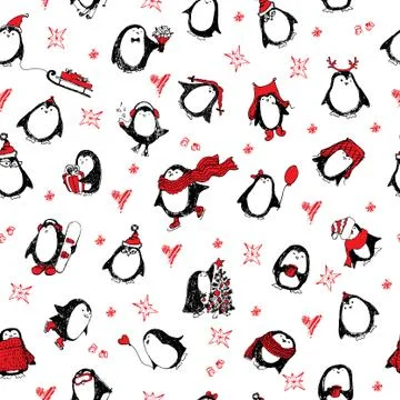 Cute hand drawn penguins pattern Stock Illustration
