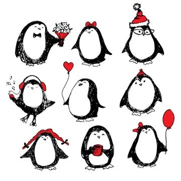 Cute hand drawn penguins set Stock Illustration