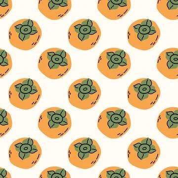 Cute Hand Drawn Persimmon Seamless Pattern with Green Leaves Stock Illustration