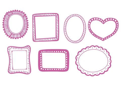 Cute hand-drawn pink frames with decorative vintage borders. Stock Illustration