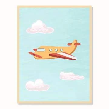 Cute hand drawn plane or aircraft and cloud crayon texture illustration Stock Illustration