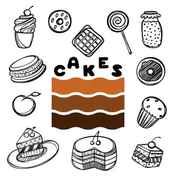 Cute hand drawn poster for cafe with sketch style cakes. Cartoon illustration. Stock-Illustration