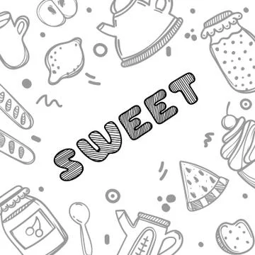 Cute hand drawn poster menu for cafe on food background with sweet quote. Linear Stock Illustration