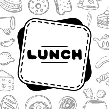 Cute hand drawn poster menu for cafe on food background with lunch quote. Linear 스톡 일러스트