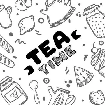 Cute hand drawn poster menu for cafe on food background with tea time quote Stock Illustration