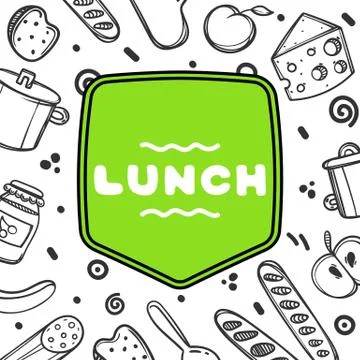 Cute hand drawn poster menu for cafe on food background with lunch quote. Linear Stock Illustration