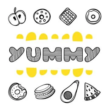 Cute hand drawn poster menu for cafe with dessert food and yummy quote. Linear Stock Illustration