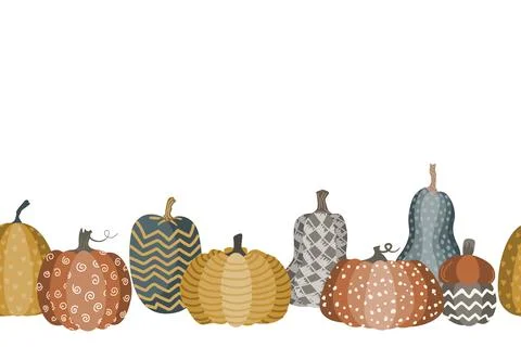 Cute hand drawn pumpkin horizontal seamless pattern. Border for Thanksgiving Stock Illustration