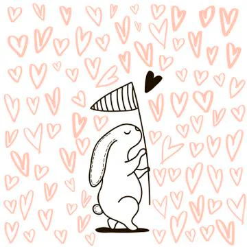 Cute hand drawn Rabbit catching heart with scoop-net.It can be used as a pr.. Stock Illustration
