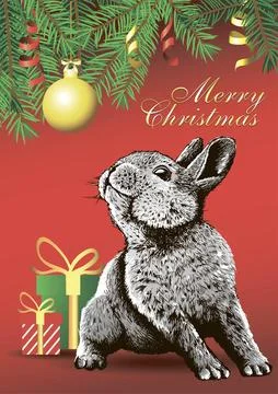 Cute Hand drawn Rabbit on red background look up on gold christmas ball. Stock Illustration