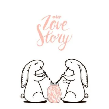 Cute hand drawn Rabbits drinks love cocktail. Background for wedding, save .. Stock Illustration