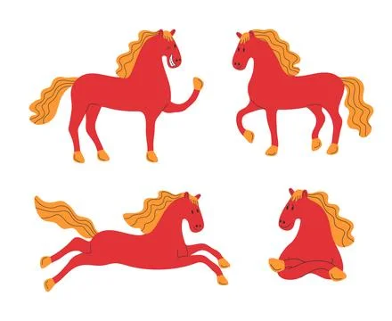 Cute hand drawn red horses set. New Year 2026 Horse symbol. Cartoon pony Illustrazione stock