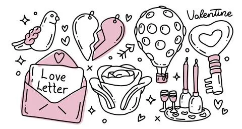 Cute hand drawn romantic doodle clipart, imperfect aesthetic of valentines day Stock Illustration