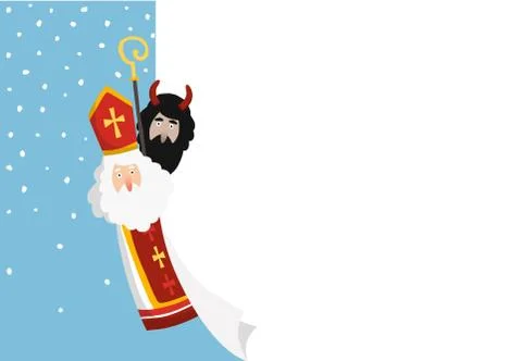 Cute hand drawn Saint Nicholas with devil and blank paper sheet, greeting card Stock Illustration