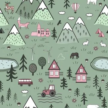 Cute Hand Drawn Scandinavian Vector Seamless pattern with houses, animals, trees Stock Illustration
