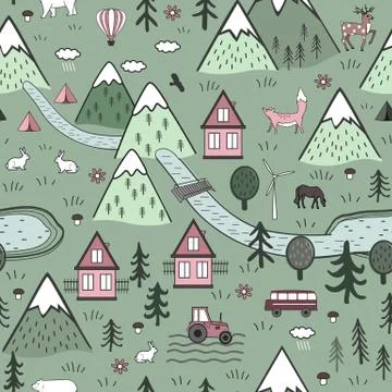 Cute Hand Drawn Scandinavian Vector Seamless pattern with houses, animals, trees Illustrazione stock