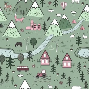 Cute Hand Drawn Scandinavian Vector Seamless pattern with houses, animals, trees Stock Illustration