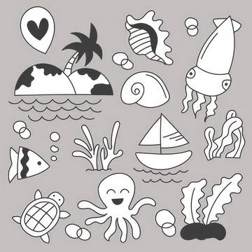 Cute hand-drawn sea creatures and island scene Stock Illustration