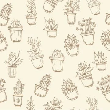 Cute hand drawn seamless pattern with cactus Stock Illustration