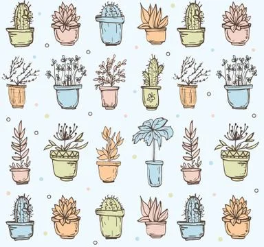 Cute hand drawn seamless pattern with cactus Illustrazione stock
