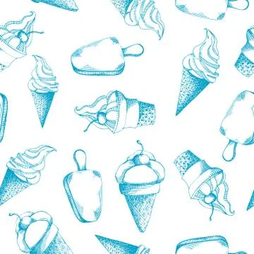 Cute hand drawn seamless pattern with different types of ice cream. Illustrazione stock