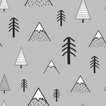 Cute hand drawn seamless pattern with trees and mountains. Creative scandinavian Stock Illustration