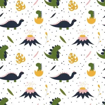 Cute hand drawn seamless pattern with dinosaur, tropical leaf, volcano and baby Stock Illustration