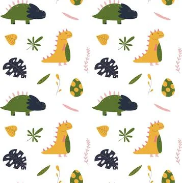 Cute hand drawn seamless pattern with dinosaur, tropical leaf, dino egg. 스톡 일러스트