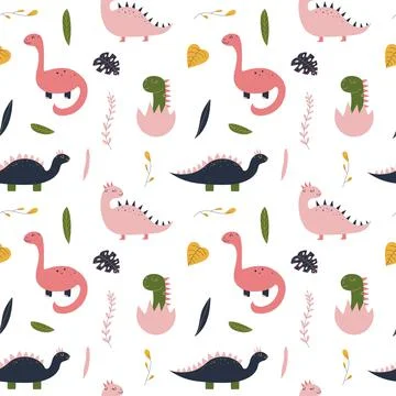 Cute hand drawn seamless pattern with girl pink dinosaur, baby dino in egg. Stock Illustration